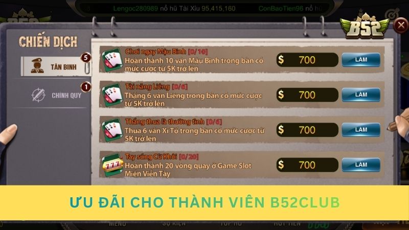 Ưu đãi cho thành viên B52club